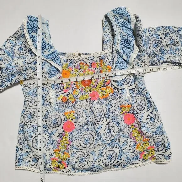 Love The Label Floral Boho Top XS Embroidered Ruffle Smocked Balloon Sleeve - Picture 7 of 10